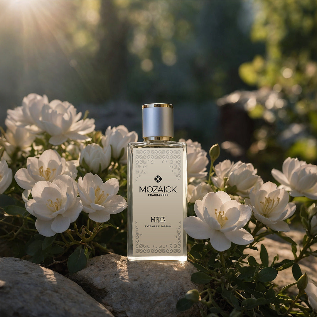 MIRIS Extrait de Parfum 50 ml von MOZAICK – Flakon auf einem Stein zwischen weißen Blüten im Sonnenlicht